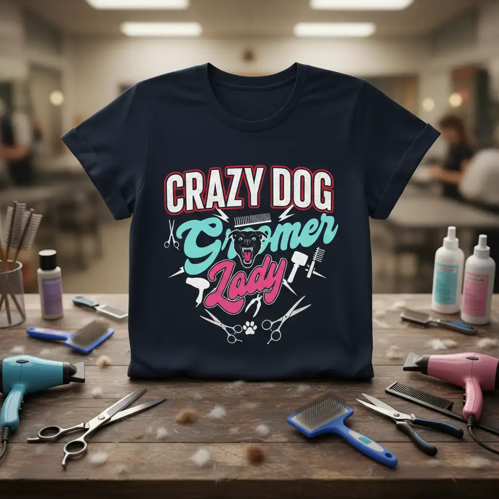Crazy Dog Groomer Lady text design featuring a dog silhouette and grooming tools