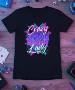 Crazy GAME NIGHT Lady text design with neon accents and palm trees on a black t-shirt, featuring dice graphics