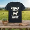 Crazy Goat Lady t-shirt design featuring distressed white text and a graphic of a white goat