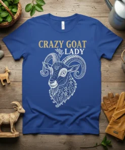 Crazy Goat Lady text in gold glitter font above a detailed illustration of a goat's head on a blue t-shirt