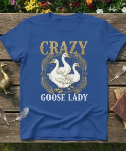 Crazy Goose Lady t-shirt design with three cartoon geese wearing glasses in a circular feather motif