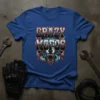 CRAZY MOFOS text design with an aggressive wolf head and lightning bolts, printed on a royal blue t-shirt
