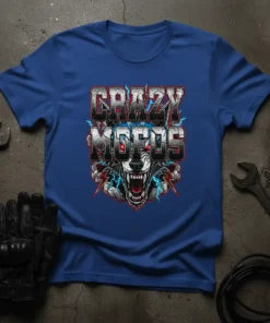 CRAZY MOFOS text design with an aggressive wolf head and lightning bolts, printed on a royal blue t-shirt