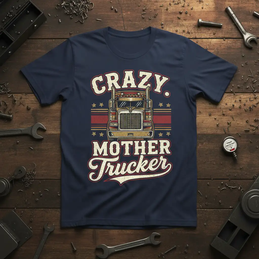 Crazy Mother Trucker design with a vintage semi-truck graphic and retro typography