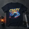 Crazy Train T-Shirt with a blue and black locomotive speeding through vibrant blue and orange lightning effects. The word "CRAZY"