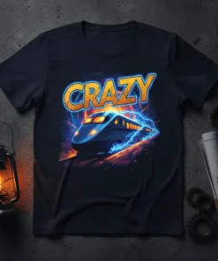 Crazy Train T-Shirt with a blue and black locomotive speeding through vibrant blue and orange lightning effects. The word "CRAZY"