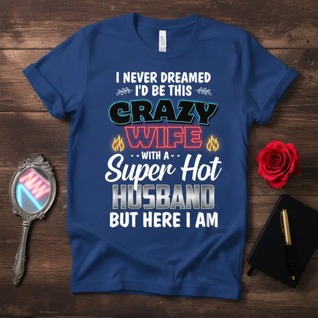 I NEVER DREAMED I'D BE THIS CRAZY WIFE WITH A SUPER HOT HUSBAND BUT HERE I AM quote on a blue t-shirt