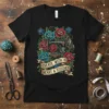 Create With Heart & Stitches sewing t-shirt design featuring a vintage sewing machine, red and teal roses, and a golden