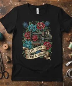 Create With Heart & Stitches sewing t-shirt design featuring a vintage sewing machine, red and teal roses, and a golden