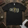 Black t-shirt with "CREATED with a purpose" text and a golden cross graphic, featuring a feather accent