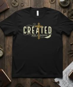 Black t-shirt with "CREATED with a purpose" text and a golden cross graphic, featuring a feather accent