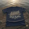 Crew of the Undead - Row to Hell t-shirt design featuring skeletons rowing a boat, vintage style text