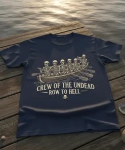 Crew of the Undead - Row to Hell t-shirt design featuring skeletons rowing a boat, vintage style text