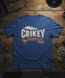 Crikey Crikey Australian Wildlife T-Shirt design with kangaroo, snake, and crocodile graphics