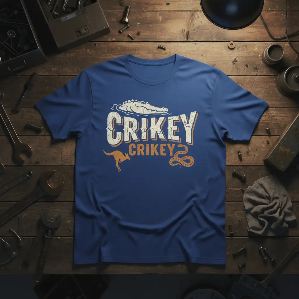 Crikey Crikey Australian Wildlife T-Shirt design featuring a kangaroo, snake, and crocodile in vintage style