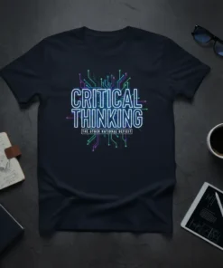 Navy t-shirt with "CRITICAL THINKING THE OTHER NATIONAL DEFICIT" in neon-style text and circuit board graphics