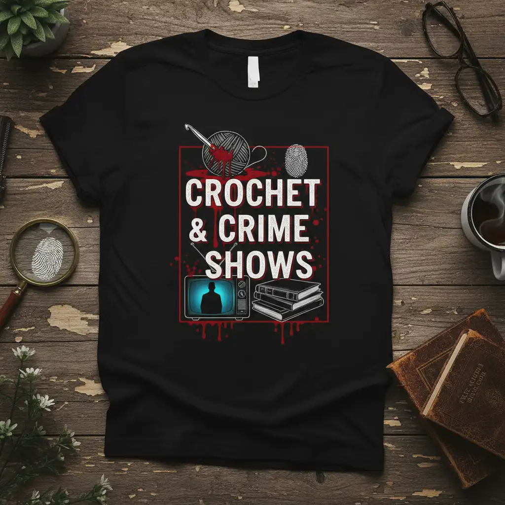 Crochet & Crime Shows t-shirt design with yarn, crochet hook, fingerprint, and vintage TV