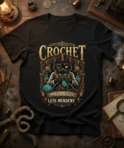 Black t-shirt with "CROCHET MAKES ME FEEL LESS MURDERY" text and a dapper black cat crocheting, steampunk style