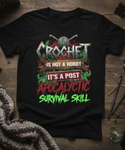 T-shirt design featuring the text "Crochet Is Not a Hobby It's A Post Apocalyptic Survival Skill" with crochet hooks and