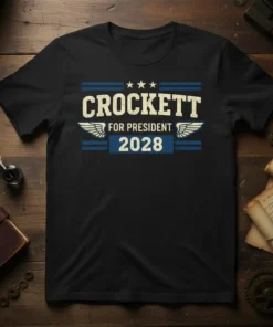 Crockett for President 2028 political campaign t-shirt with vintage distressed text and wing graphics