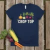 Crop Top t-shirt design featuring watercolor onions, beets, and green sprouts with the text "CROP TOP"