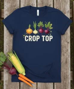 Crop Top t-shirt design featuring watercolor onions, beets, and green sprouts with the text "CROP TOP"