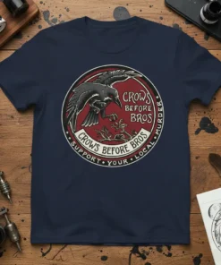 Navy t-shirt with circular design featuring crows and text "Crows Before Bros Support Your Local Murder"