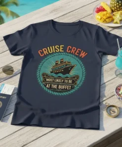 Cruise Crew Most Likely To Be At The Buffet t-shirt design featuring a vintage cruise ship graphic and text