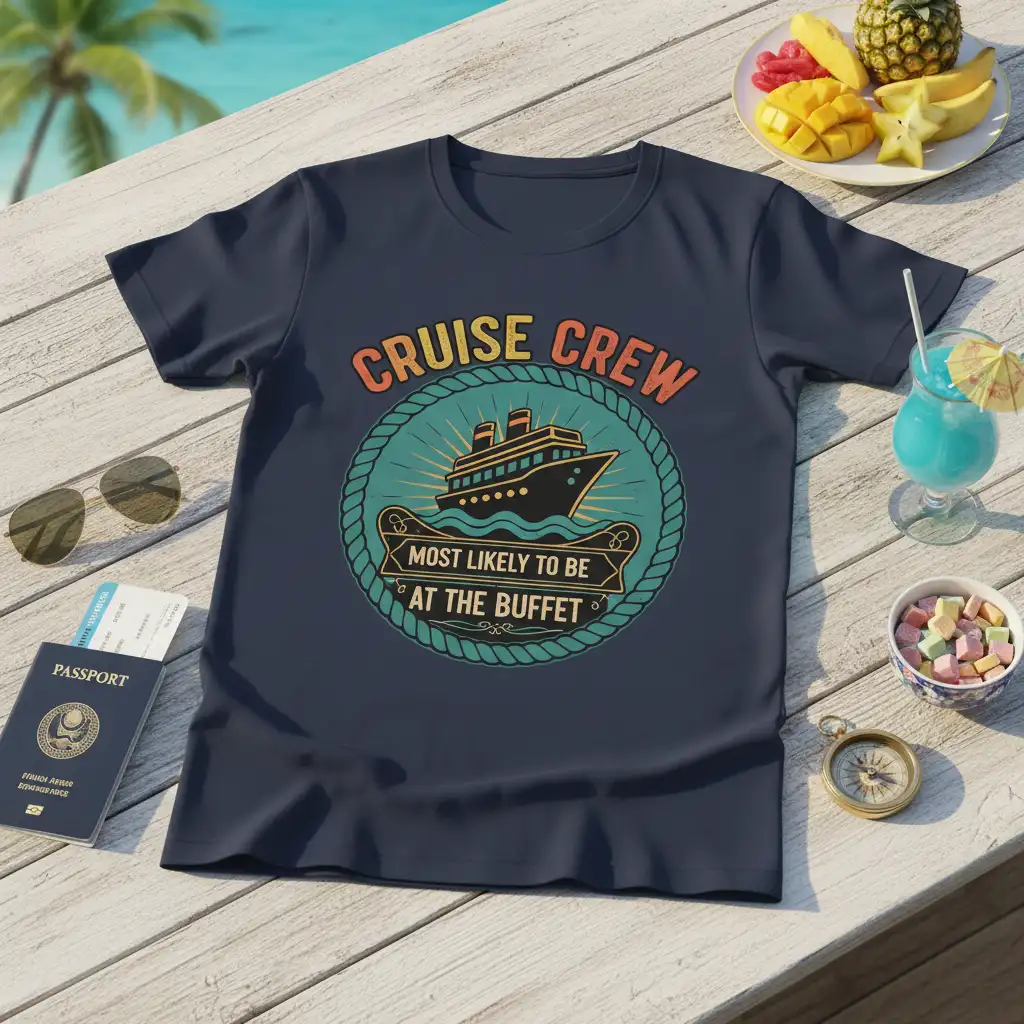 Cruise Crew Most Likely To Be At The Buffet t-shirt featuring a retro graphic of a cruise ship