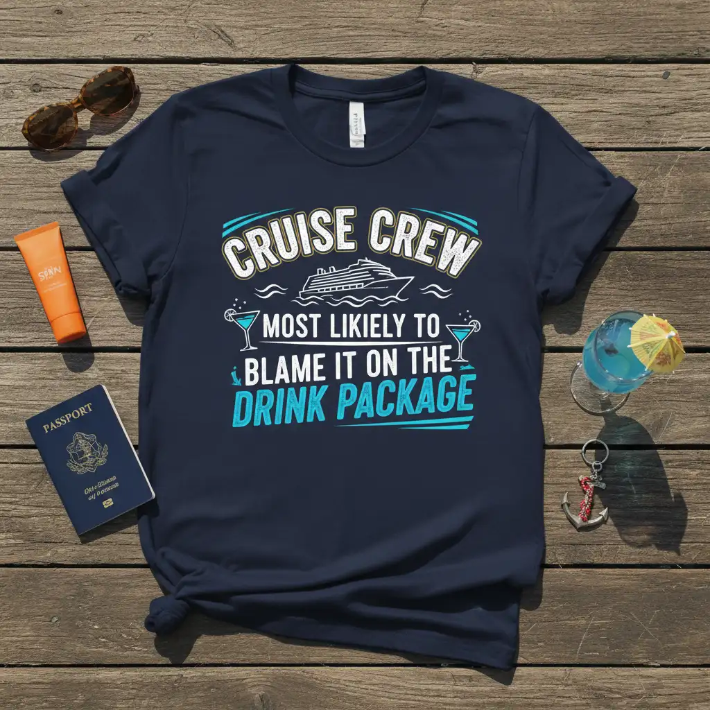 Cruise Crew Most Likely To Blame It On The Drink Package text design with cruise ship graphic