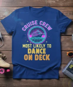 Cruise Crew Most Likely To Dance On Deck text and cruise ship graphic on a navy blue t-shirt