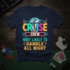 Cruise Crew Most Likely To Gamble All Night text design with a cruise ship graphic, neon lights, and casino card