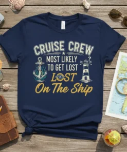 Navy blue t-shirt with white and yellow text: "CRUISE CREW MOST LIKELY TO GET LOST LOST On The Ship", featuring