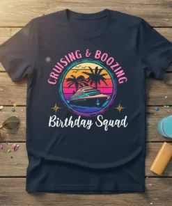 Cruising & Boozing Birthday Squad text with a cruise ship and palm trees graphic, vibrant sunset background