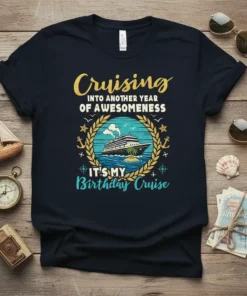 Cruising Into Another Year Of Awesomeness It's My Birthday Cruise text with cruise ship and palm tree graphic on a