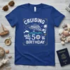 Cruising Into My 50th Birthday t-shirt design featuring a cruise ship, palm trees, and nautical elements
