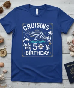 Cruising Into My 50th Birthday t-shirt design featuring a cruise ship, palm trees, and nautical elements