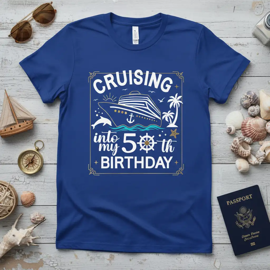 Cruising Into My 50th Birthday cruise ship design with nautical graphics and celebratory text