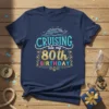 Cruising Into My 80th Birthday t-shirt design featuring a cruise ship, waves, and festive decorations