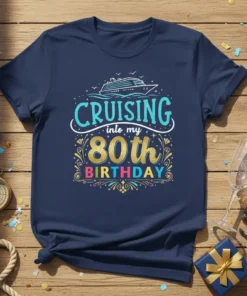 Cruising Into My 80th Birthday t-shirt design featuring a cruise ship, waves, and festive decorations