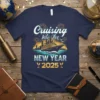 Cruising Into The New Year 2025 text design with a cruise ship graphic and fireworks