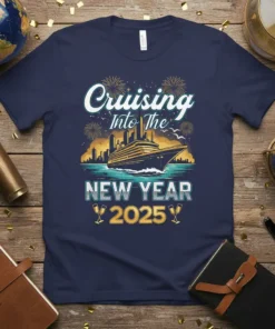 Cruising Into The New Year 2025 text design with a cruise ship graphic and fireworks