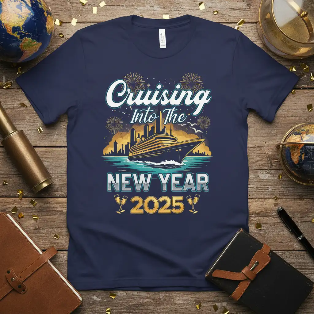 Cruising Into The New Year 2025 text with a detailed cruise ship and festive fireworks graphic