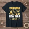 Cruising Into The New Year 2025 text with cruise ship graphic and festive elements on a black t-shirt