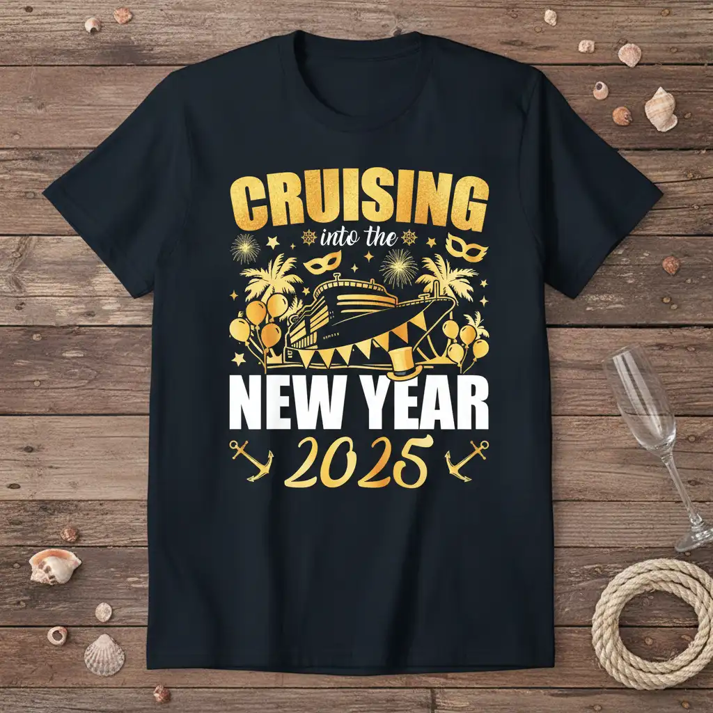 CRUISING into the NEW YEAR 2025 text design with festive cruise ship, balloons, and fireworks graphic