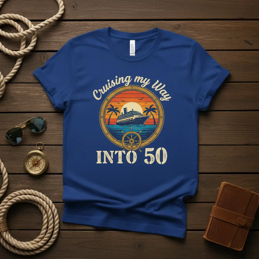 Cruising my way INTO 50 t-shirt design with a vintage cruise ship, sunset, and palm trees graphic