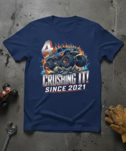 Crushing It Since 2021 monster truck birthday t-shirt design with flames and the number 4