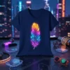 Vibrant crystal feather design with glowing rainbow colors on a navy t-shirt, set against a neon cityscape