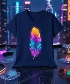 Vibrant crystal feather design with glowing rainbow colors on a navy t-shirt, set against a neon cityscape