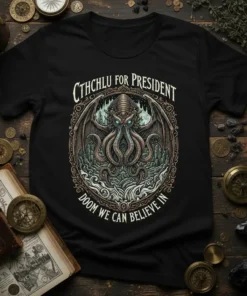 Black t-shirt featuring "Cthulhu For President Doom We Can Believe In" slogan with a detailed Cthulhu graphic in a circular